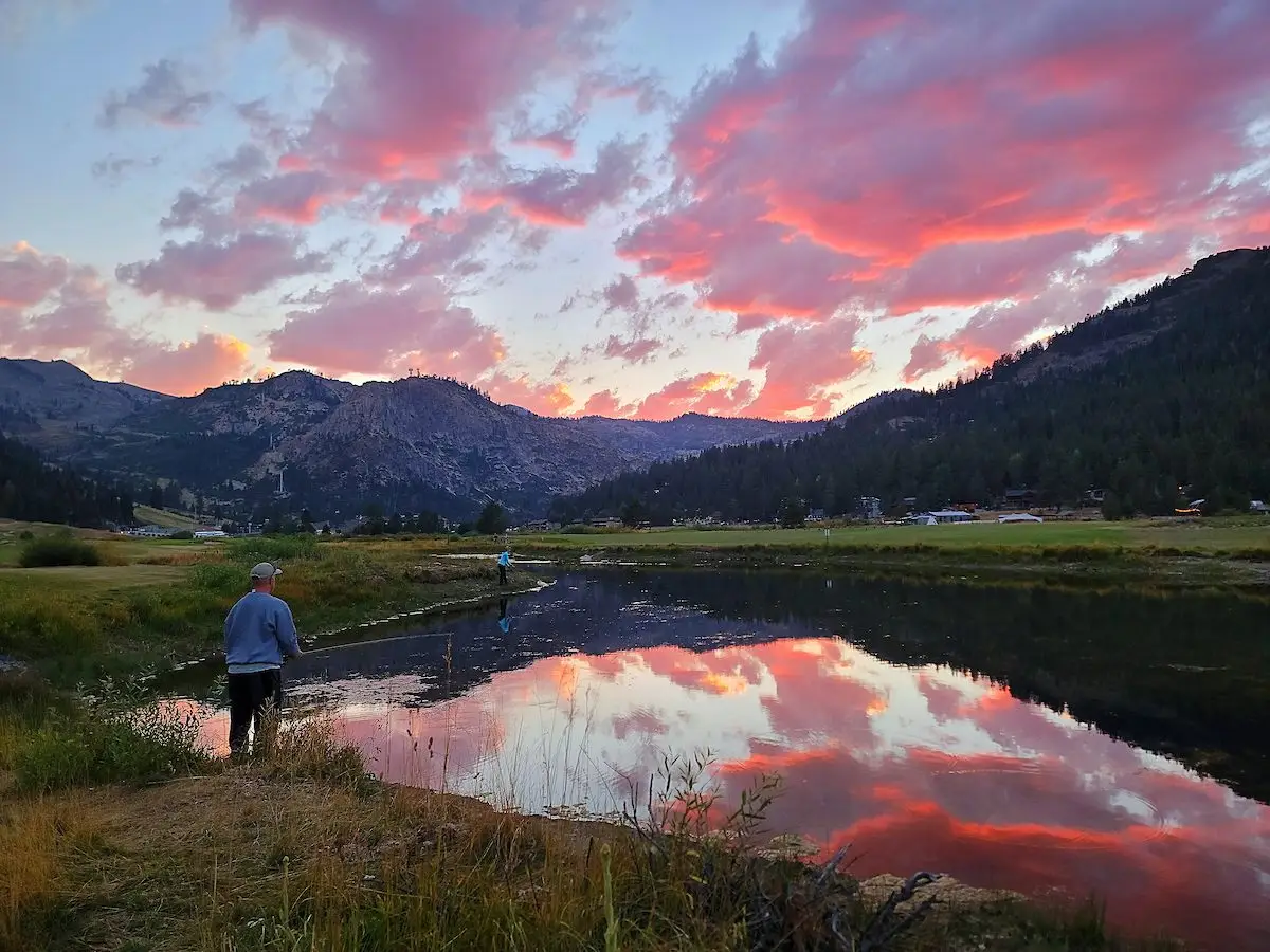 People fishing Lake Tahoe region at sunset