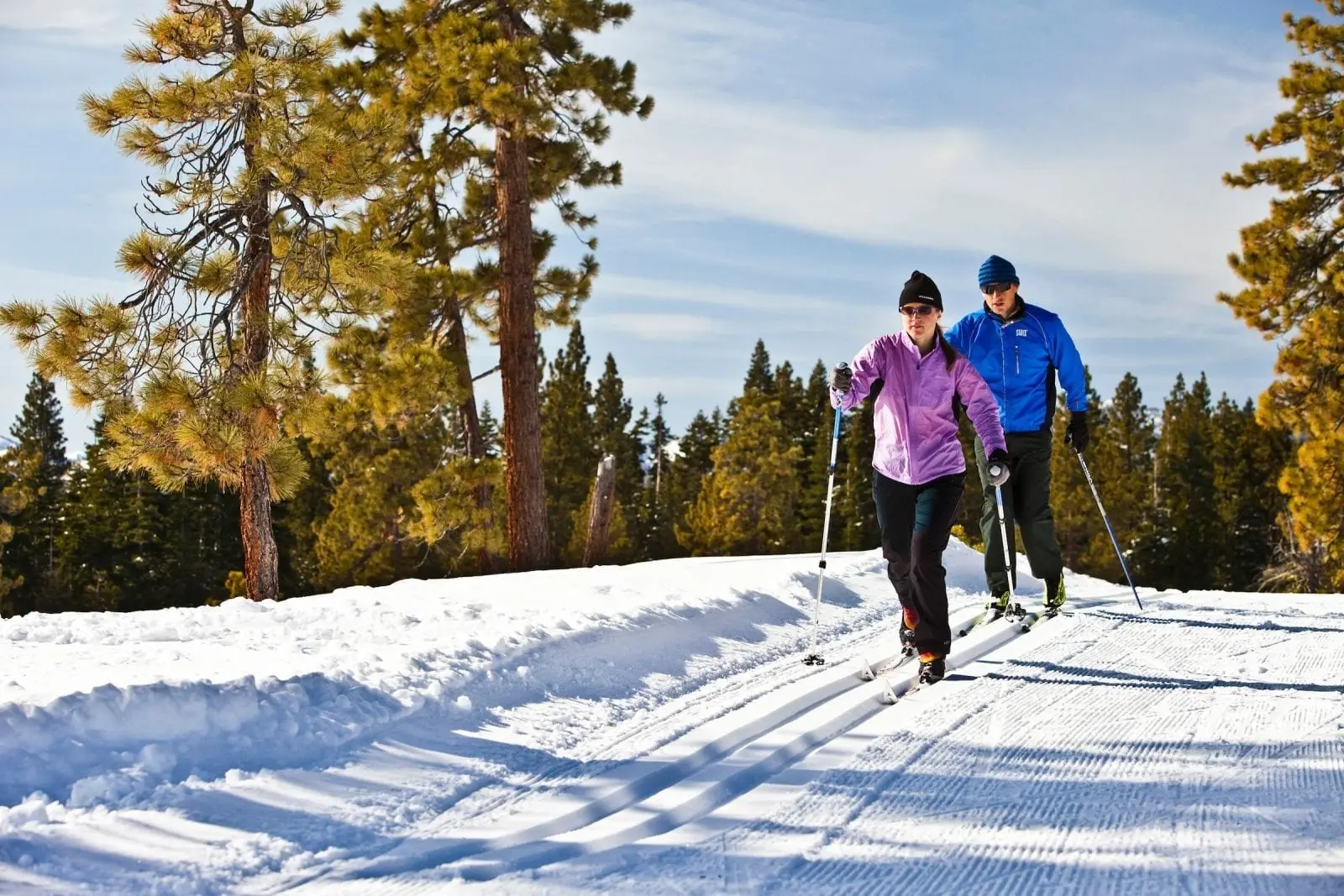 Couple skiing nice groomed cross country runs at Lake Tahoe